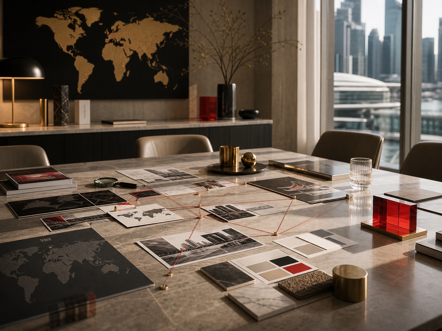 Premium advisory workspace with market maps and red connection lines