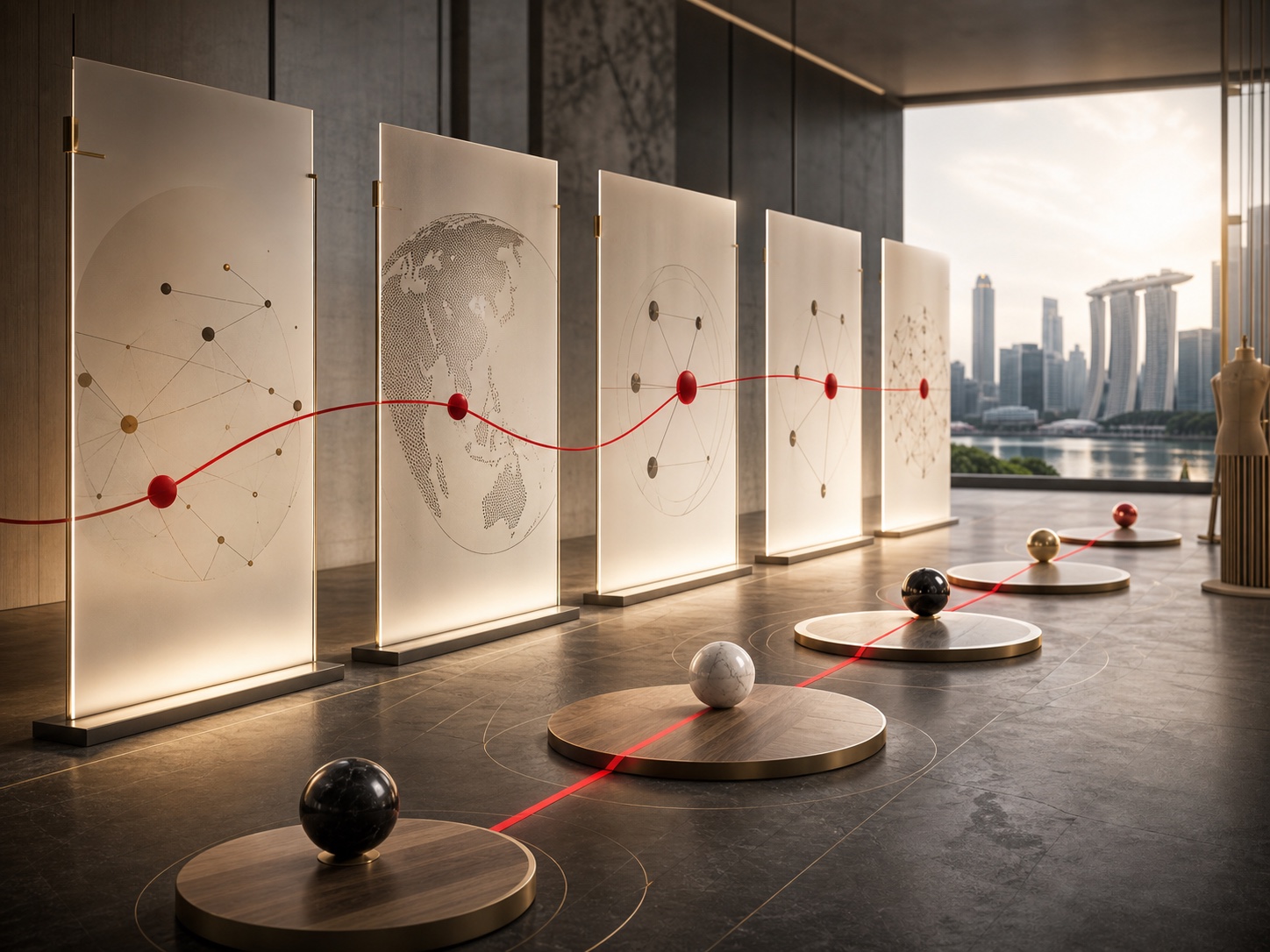 Gallery-like international advisory path with illuminated panels