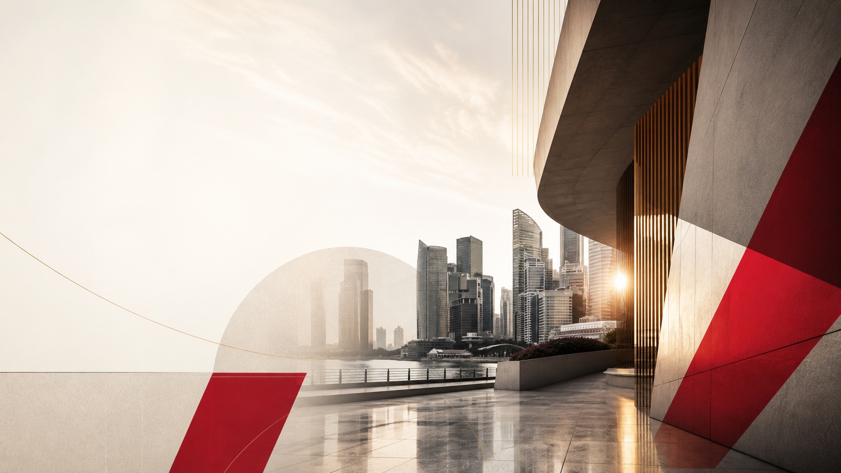 Modern international architecture with red visual accents