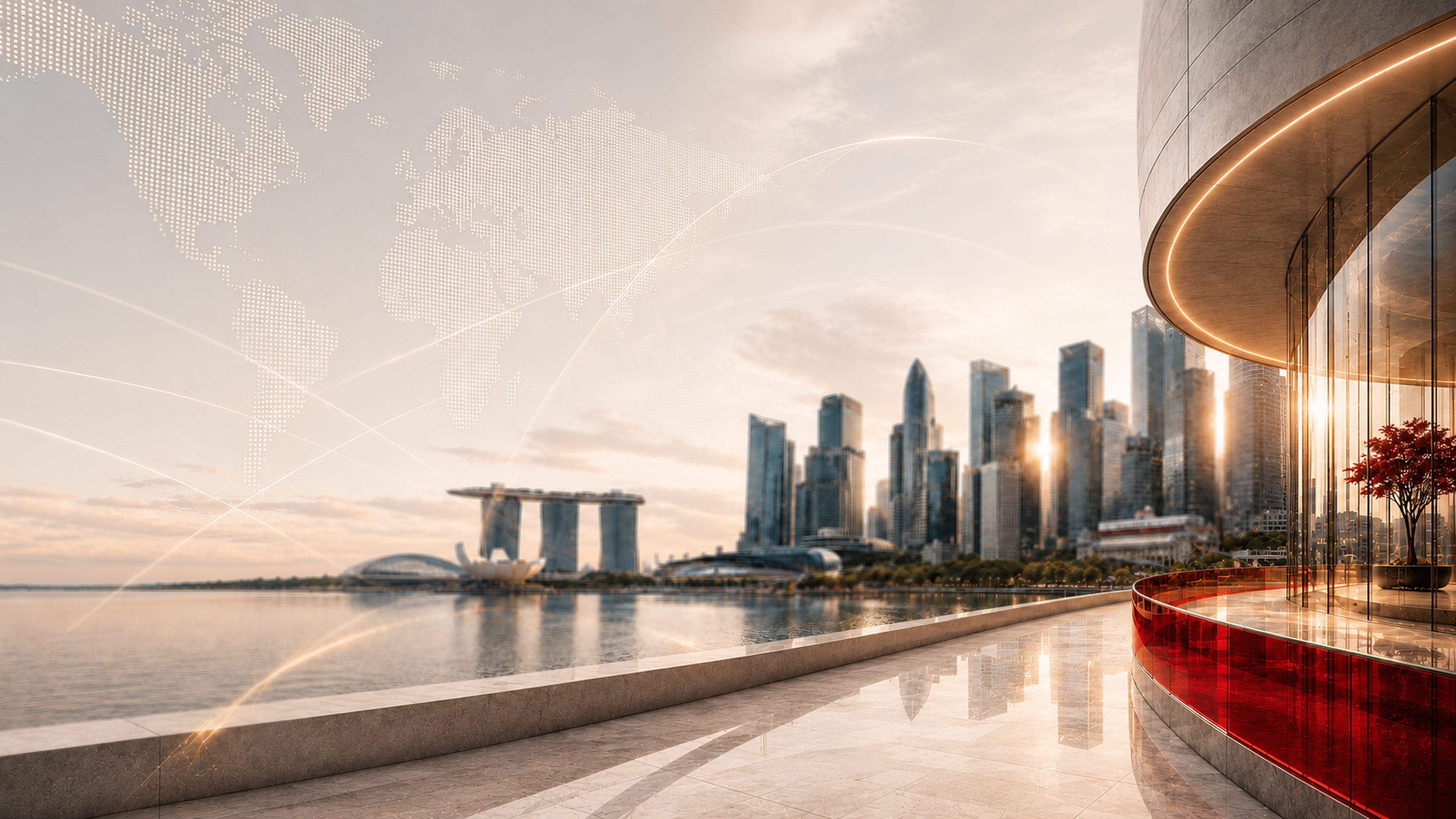 Singapore skyline with liquid glass architecture and global connection map