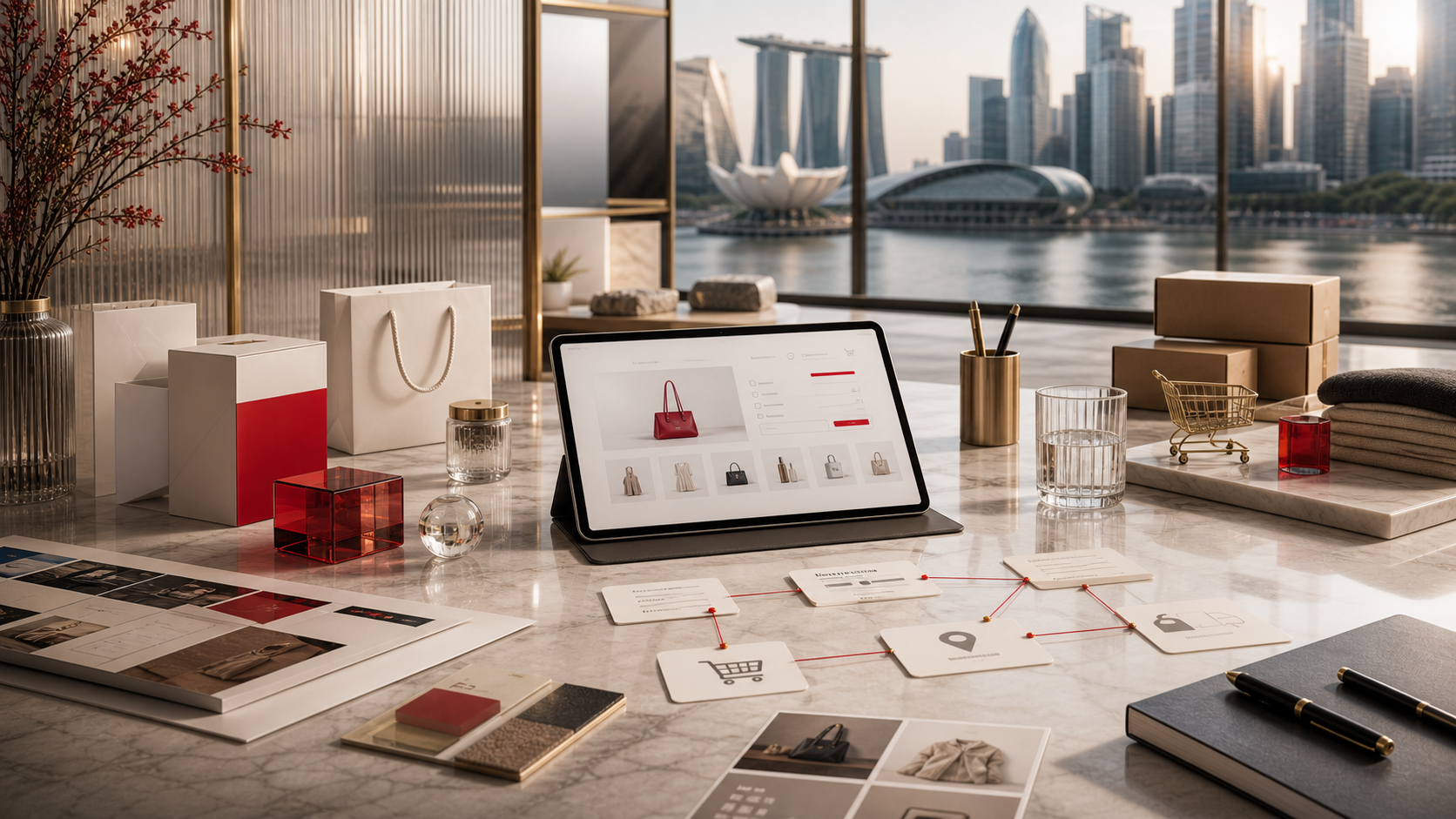 Premium commerce operations table with storefront planning and product launch materials