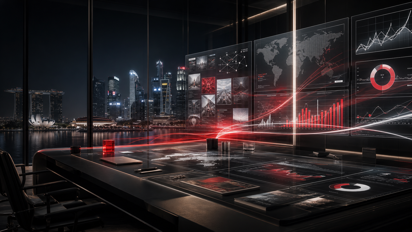 Premium digital growth command room with brand analytics and market signals