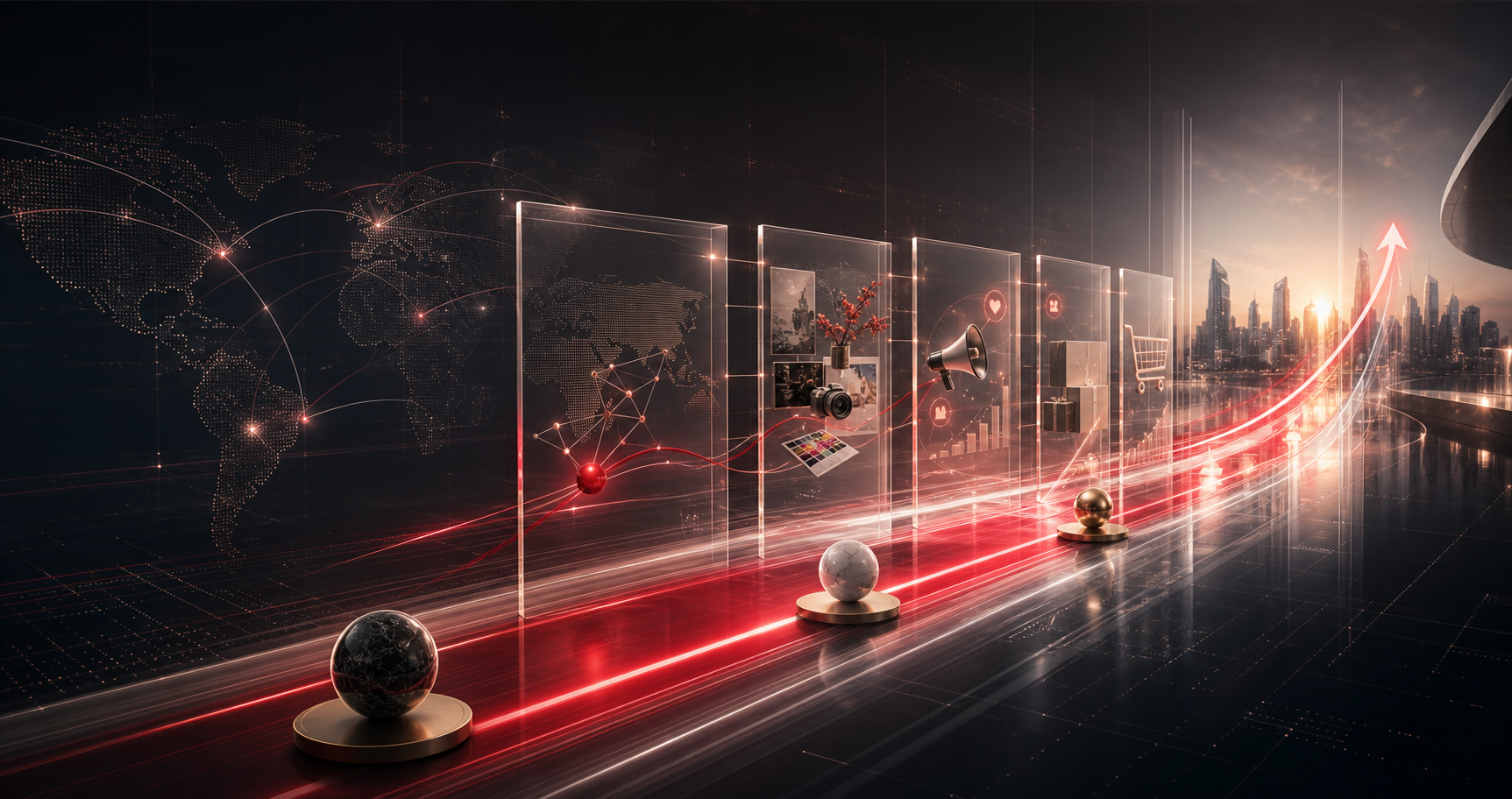 International market activation visual with red growth signals